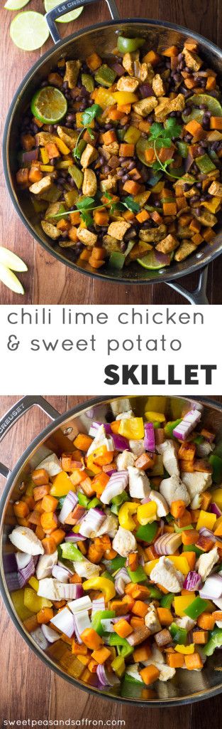 An easy and delicious one-pot dinner that is packed with healthy ingredients: chicken, sweet potatoes, black beans, and bell peppers. Flavored with lime juice and chili powder and ready in 45 minutes! @sweetpeasaffron Whole30 Chili, Chicken And Sweet Potato, Potato Skillet, Chili Lime Chicken, Sweet Potato Skillet, Chicken Skillet Recipes, Chicken Skillet, One Pot Dinners, Chicken Sweet Potato