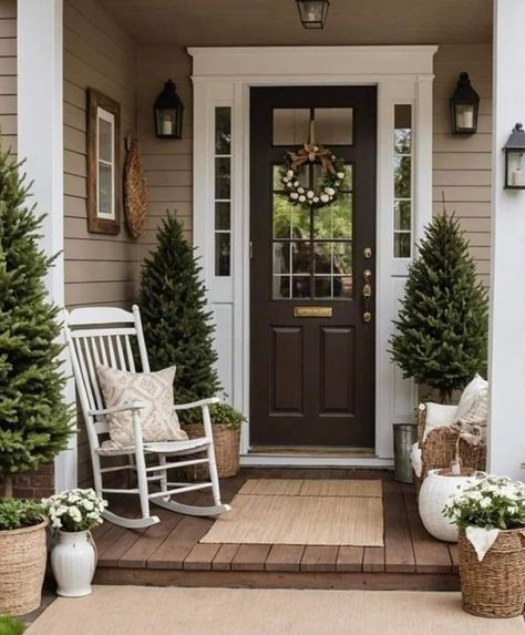 Welcome To Our Nest Small Front Porch With Chair, Small Front Porch With Rocking Chair, Apartment Outside Entrance Decor, Front Stoop Ideas, Front Porch With Rocking Chairs, Cozy Front Porch Ideas, Apartment Outside, Welcome To Our Nest, Winter Front Porch