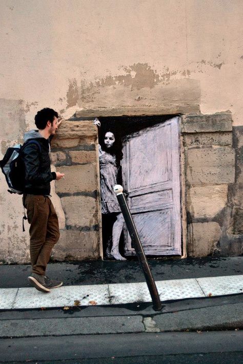 by wheatpaste artist, Levalet Foto Scale, Urbane Kunst, Sidewalk Art, Walking Down The Street, Urban Street Art, Amazing Street Art, 3d Street Art, 강아지 그림, Murals Street Art