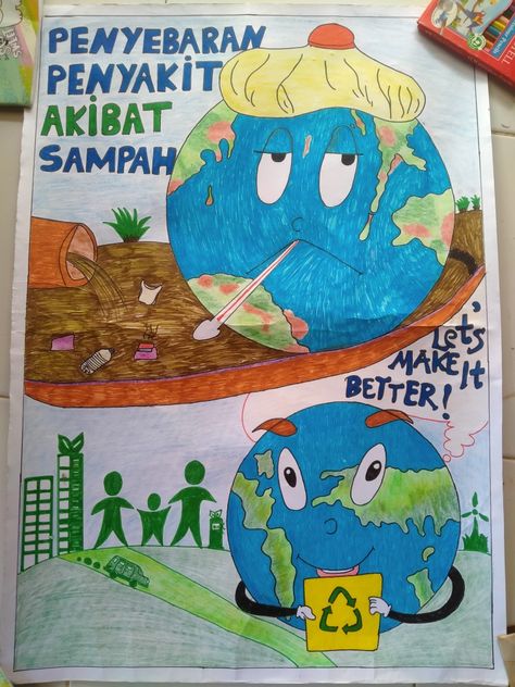 Poster Buanglah Sampah Pada Tempatnya, Poster Jangan Buang Sampah Sembarangan, Kalikasan Poster, Poster Sampah, Simple Poster, Cartoon Pics, School Work, Cool Things To Make, Colored Pencils