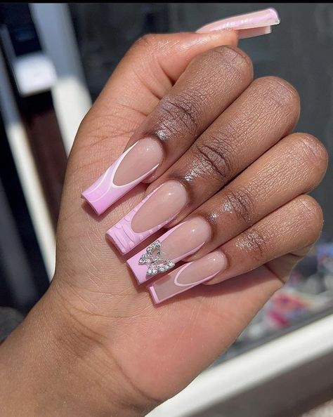 White French Tips With Glitter, Abstract French Tip, French Tips With Glitter, Pink Nail Design, Pink Tips, Quartz Nails, Long Acrylic Nail Designs, Drip Nails, Colored Acrylic Nails