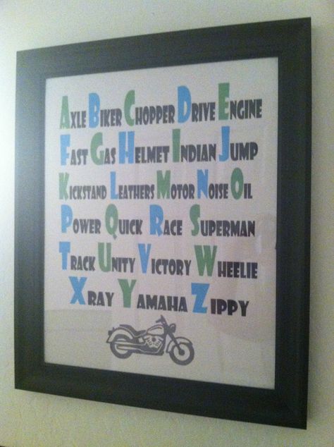 Make words for racecars instead :)  Motorcycle nursery decor ABC's Motorcycle Nursery Theme, Motorcycle Nursery, Motorcycle Baby, Biker Baby, Moto Mom, Aunt Life, Baby Boy Room Nursery, Nursery Room Boy, Boys Nursery