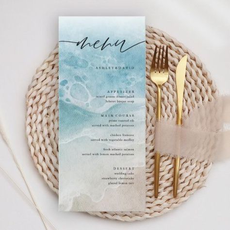 Menu Wedding Table, Coastal Chic Wedding, Beach Wedding Menu, Rustic Wedding Menu, Wedding Table Menus, York Maine, Wedding Dinner Menu, Sea Wedding, Menu Wedding