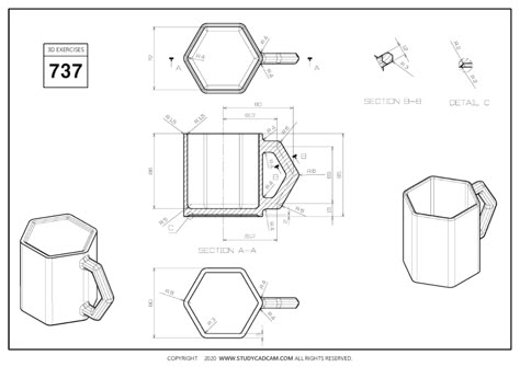 3D CAD EXERCISES 737 - STUDYCADCAM 3d Cad Exercises, Takeout Packaging, Sketchup Layout, Orthographic Drawing, Interior Design Sketchbook, 3d Geometry, Autocad Tutorial, Mechanical Engineering Design, Isometric Drawing