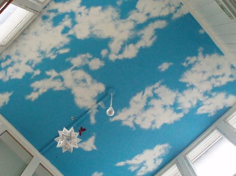 clouds on ceiling. I would add glow in the dark stars too. Clouds On Ceiling, Mural Ceiling, Ceiling Paintings, Ceiling Painted, Painted Clouds, Future Bedroom Ideas, Glow In The Dark Stars, Luxury Nursery, Dark Stars