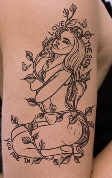 Virgo Tattoo Ideas Unique, Peaceful Woman Tattoo, Women Virgo Tattoo, Plus Size Goddess Tattoo, Fairy Mom Tattoo, Masking Tattoo Ideas, Self Love Fairy Tattoo, Spiritual Arm Sleeve Tattoos For Women, Curvy Goddess Tattoo