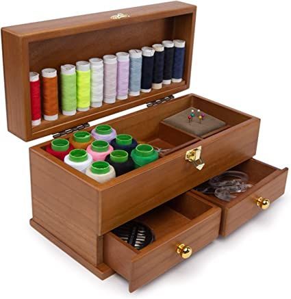 Vintage Wooden Sewing Box, High Capacity 2 Layer Sewing Kit Box Basket, Beginner Universal Sew Kit Accessories Or Women, Men, Adults LLHFSW (Color : Wood Color) Sewing Kit Box, Wooden Sewing Box, Vintage Sewing Box, Sewing Box, Craft Box, Wood Color, Sewing Kit, Sewing Stores, Storage Boxes