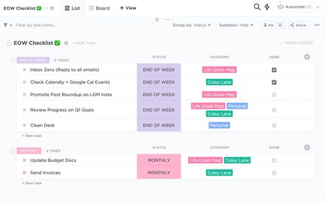 weekly review checklist inspiration using clickup. check out the blog post for 25 reasons to switch your planning to the clickup app. and get clickup templates with clickup for creatives Click Up App Templates, Click Up Templates, Clickup Dashboards, Weekly Review Checklist, Clickup Templates, Week Checklist, Project Binder, Romanticising Studying, Click Up