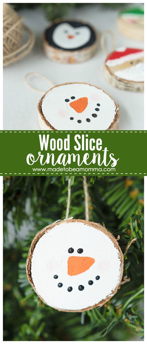 Wood Slice Ornaments: the perfect 30 minutes gift idea that your loved ones will enjoy year after year. Wood Slice Snowman, Juleverksted For Barn, Wood Slice Ornaments, Theme Harry Potter, Tree Slices, Small Christmas Trees, Wood Slice Ornament, Navidad Diy, Wood Christmas Ornaments