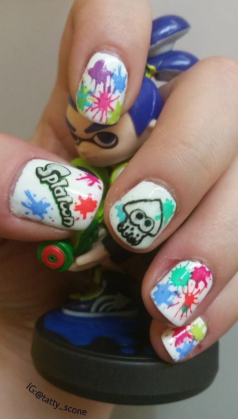 Fun Splatoon nail art design using stamping with Barry M Gelly Hi Shine nail polishes (Cotton, Key Lime, Blue Grape, Pomegranate, Satsuma, Guava, Kiwi, Plum, Pink Punch), FUN2, FUN4, MJ-X & DIY printer paper decals. Video Game Crafts, Long Pink Hair, Callie And Marie, Long White Hair, Pink Punch, Nine Inch Nails, Shine Nails, Barry M, Long Red Hair