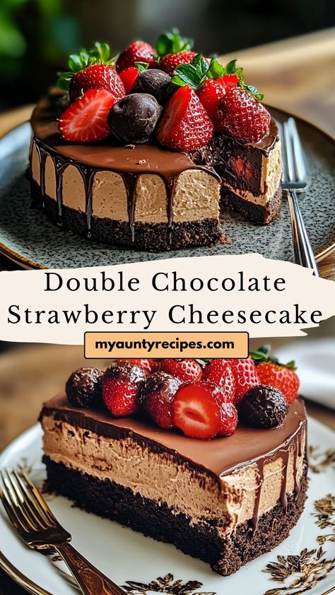 Treat yourself to our Decadent Double Chocolate Strawberry Cheesecake Delight! This luscious dessert layers rich chocolate cheesecake with fresh strawberries, creating a perfect balance of flavors. The chocolate crust adds a delightful crunch, making every bite a heavenly experience. Ideal for special occasions, this cheesecake is a true showstopper that will impress your guests and satisfy your sweet cravings! Fresh Strawberry Topping, Cheesecake Delight, Showstopper Dessert, Chocolate Strawberry Cheesecake, Strawberry Cheesecake Recipe, Cheesecake Toppings, Chocolate Crust, Strawberry Topping, Gourmet Desserts