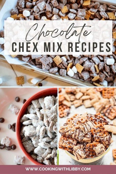 This roundup of Chocolate Chex Mix Recipes will leave your friends and family asking for the recipes! They make wonderful snacks and gifts! #easyrecipes #chexmix #chocolate Chex Mix Recipes Smore, Chocolate Chex Mix Recipes Christmas, Chocolate Check Mix Recipes, Addicting Toffee Chex Mix Recipe, Wheat Chex Mix Recipes, Chex Mix Dessert Recipes, Recipes Using Chex Cereal, Chexmix Ideas, Turtle Chex Mix Recipe