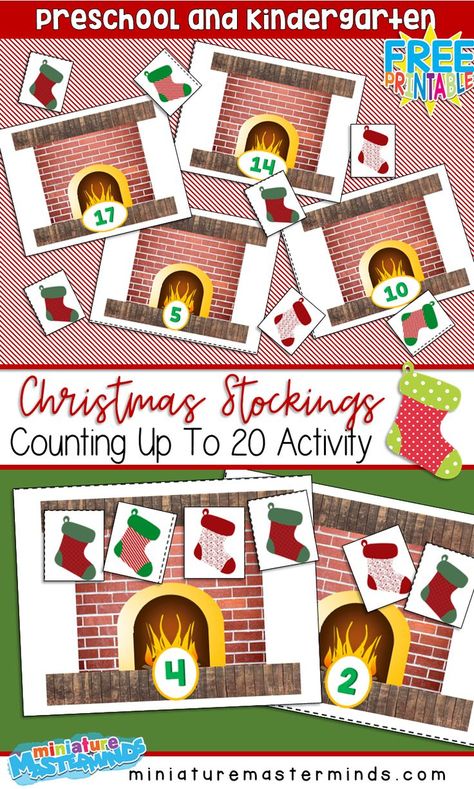 Preschool and Kindergarten Christmas Stockings Count to 20 Printable Activity For Math Centers Christmas Math Centers, Christmas Learning, Preschool Christmas Activities, Kindergarten Christmas, Christmas Centers, Christmas Week, Christmas Kindergarten, Christmas Math, Counting Activities