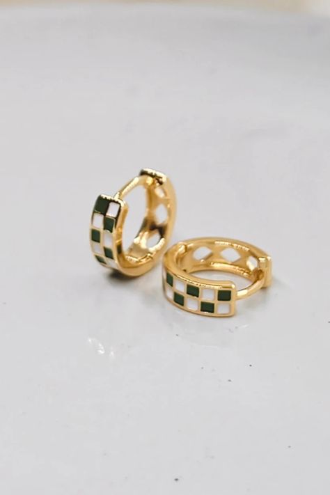 Checkered Jewelry, Checkered Earrings, Green Checkered, Checkered Print, Checker Print, Diamond Print, Huggie Earrings, Checkered Pattern, Summer Accessories