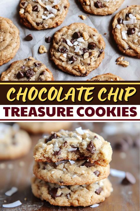 The unique combination of graham crackers, condensed milk, and coconut gives these chocolate chip treasure cookies incredible texture and rich flavor. Treasure Cookies, Condensed Milk Cookies, Milk Chocolate Chip Cookies, Toffee Chips, Christmas Meals, Patriotic Desserts, White Chocolate Chip Cookies, Cookie Brownie Bars, Cookie Snack