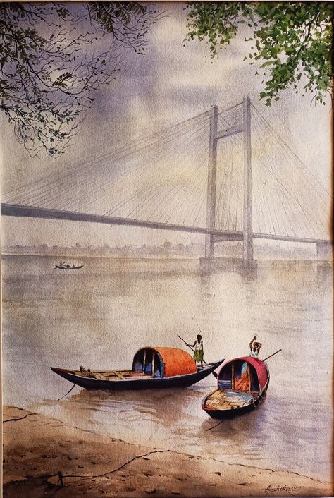 Indian Scenery Painting, Bangladesh Aesthetic Art, Kolkata Watercolor Painting, Watercolor Scenery Drawing, Watercolor Paintings Scenery Easy, শরৎকালের দৃশ্য Drawing, Composition Painting Watercolour, Watercolour Scenery Painting, Easy Composition Painting