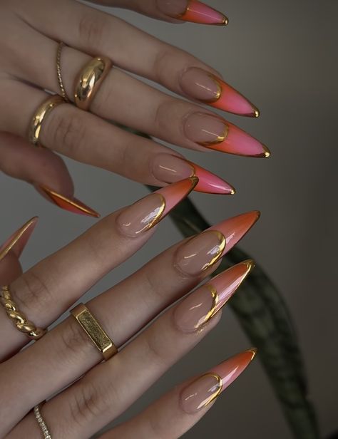 Birthday Nails Almond November, Orange Fall Acrylic Nails, Long Almond Nails Fall, Baddie Fall Nails, Nail Gem Designs, Classy Almond Nails, Elegant Touch Nails, Long Almond Nails, Nails Design With Rhinestones