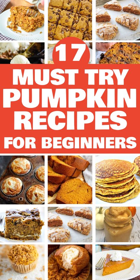 17 pumpkin recipes for beginners, including pies, breads, muffins, pancakes, and lattes. Pumpkin Fresh Recipes, Pumpkin Flavored Recipes, Pumpkin Dishes Recipes, How To Cook A Pumpkin, Can Of Pumpkin Recipes, Canned Pumpkin Recipes Easy, Easy Pumpkin Desserts, Recipes For Pumpkin, Easy Pumpkin Recipes