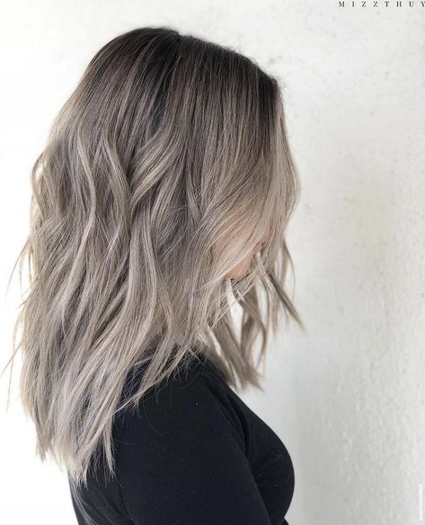 Dark Ash Blonde Lowlights, Medium Length Haircut Ash Blonde, Ashy Blonde Shoulder Length Hair, Icy Mushroom Blonde Hair, Balayage Hair Mushroom Blonde, Solid Hair Color Ideas Blondes, Dark Blonde With Ash Highlights, Soft Ash Blonde Balayage, Ashy Blonde Dimensional Hair