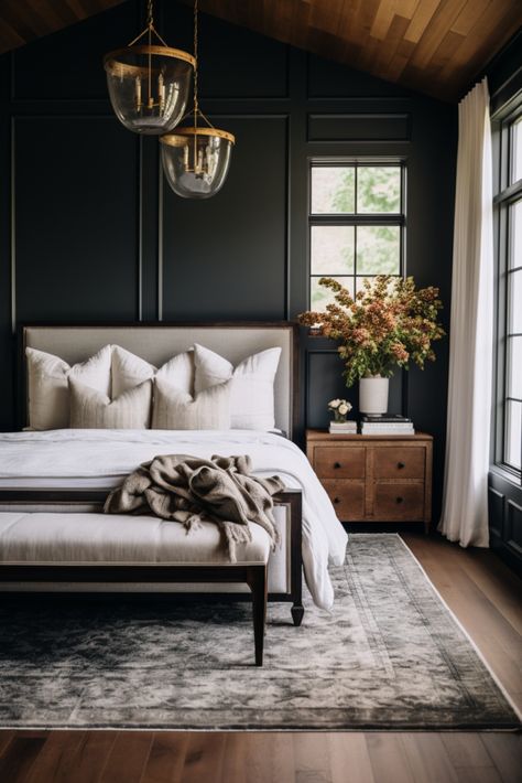 40+ Moody Romantic Bedroom Ideas To Unwind In Master Bedrooms Dark Floors, Luxury Bedroom Design Minimalist, Dark Wall And Ceiling Bedroom, Sw Peppercorn Paint Master Bedrooms, Moody European Bedroom, Bedroom Inspirations Hotel Style, High Contrast Bedroom, Moody White Bedroom, Black Primary Bedroom