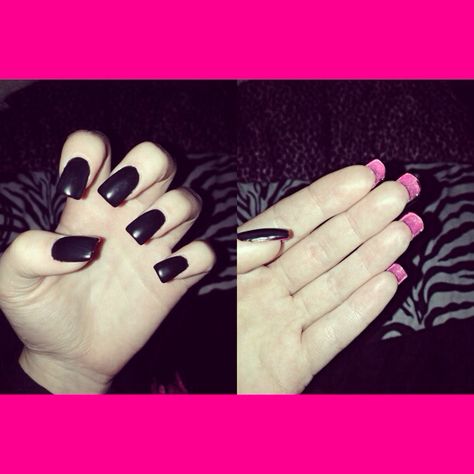 Matte black nails with pink underneath Matte Black Nails With Pink, Black Nails With Pink, Nails Underneath, Nails With Pink, Matte Black Nails, Black Nails, Pink Nails, Nail Inspo, Aesthetic Wallpapers