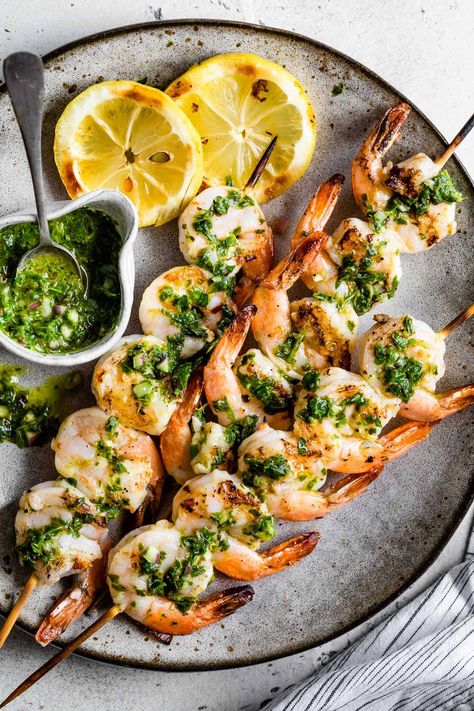 Grilled Chimichurri Shrimp - Snixy Kitchen Chimichurri Shrimp, Prawn Skewers, Grilled Fish Tacos, Grilled Shrimp Skewers, Recipes Fish, Grilled Prawns, Shrimp Skewers, Summer Grilling Recipes, Chimichurri Sauce