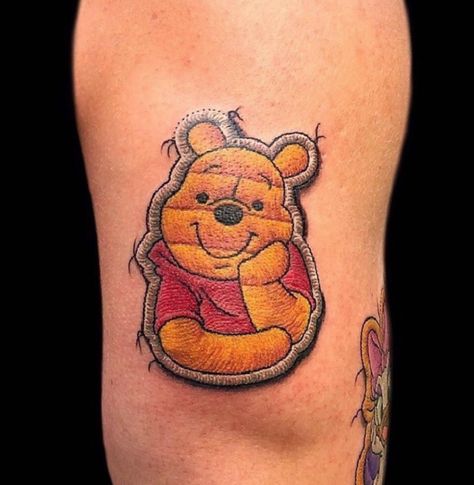 Everybody's favourite honey loving bear in embroidery style by Min at Authentink Studio, Sydney Australia Embroidery Tattoo Design, Rare Tattoo Designs, Embroidery Tattoo Ideas, Pikachu Pixel, Patch Tattoos, Rare Tattoo, Embroidery Tattoos, Winnie The Pooh Tattoos, Patch Tattoo