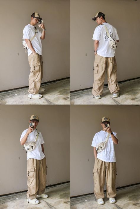 Streetwear Khaki Pants Outfit, Cream Streetwear Outfit Men, Beige Baggy Cargo Pants Outfit, Oversized Cargo Pants Outfit Men, Light Cream Pants Outfit, Parachute Cargo Pants Men, White And Khaki Outfit Men, Cream Baggy Pants Outfit Men, Cream Sneakers Outfit Men