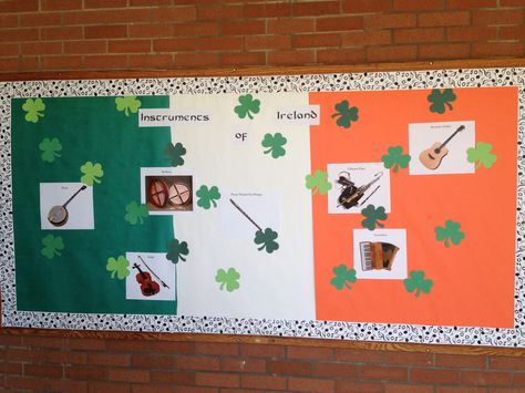 For March, we made the Irish flag out of our bulletin board, and put pictures of the instruments of Ireland, all in honor of St. Patrick's Day! Music Bulletin Board, Music Bulletin Boards, Post Prom, Teacher Bulletin Boards, Classroom Decor High School, Flag Crafts, Pumpkin Activities, Elementary Lesson Plans, Elementary Classroom Decor