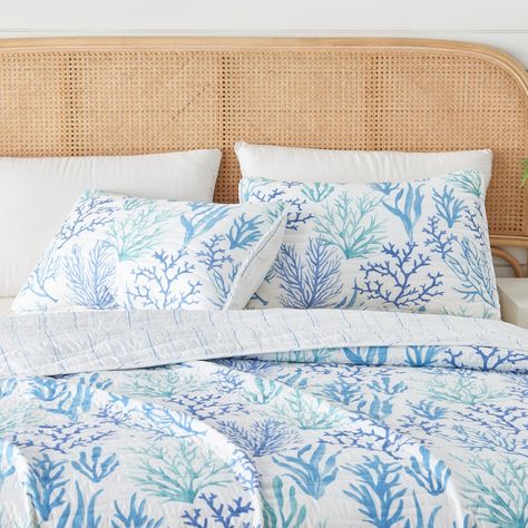 Premium Blue Coral Microfiber Quilt Set With Shams - Bed Bath & Beyond - 37398943 Beachy Comforters, Coastal Quilt Sets, Coral Quilt, Coastal Quilts, Nautical Quilt, Ocean Room, Beachy Room, Coral Watercolor, Beach Bedding