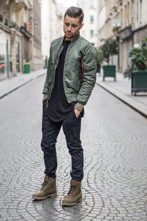 Dark green bomber jacket #stancilliving #Mens #MyShopStyle #ShopStyle Archanděl Michael, Mens Fashion Edgy, Hipster Mens Fashion, French Girls, Mens Fashion Fall, Urban Street Style, Mens Fashion Casual Outfits, Herren Outfit, Fall Clothes