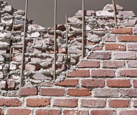 Damaged Bricks. A brick wall with part of it crumbling and fallen down, revealin , #Ad, #part, #crumbling, #fallen, #wall, #Damaged #ad Partition Walls, A Brick Wall, Mixed Media Art Canvas, Brickwork, Brick Wall, Design Inspo, Beams, City Photo, Photo Image