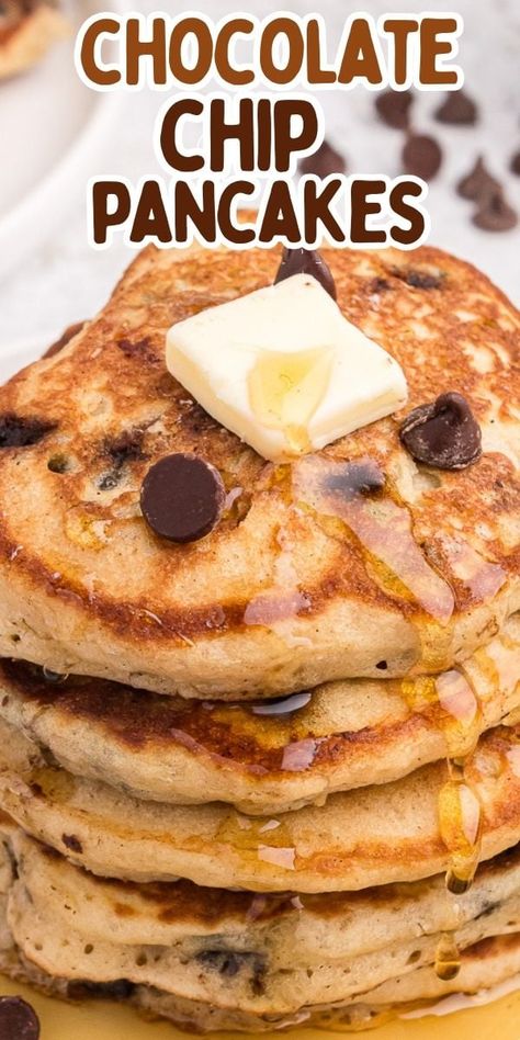 Chocolate Chip Pancakes are the ultimate comfort food. The perfect breakfast or brunch treat for a lazy weekend breakfast! Pancake Flavors, Dump Cake Cobbler, Pineapple Dump Cake, Blueberry French Toast Casserole, Light And Fluffy Pancakes, Flavored Pancakes, Family Meal Ideas, Homemade Chocolate Chips, Morning Brunch