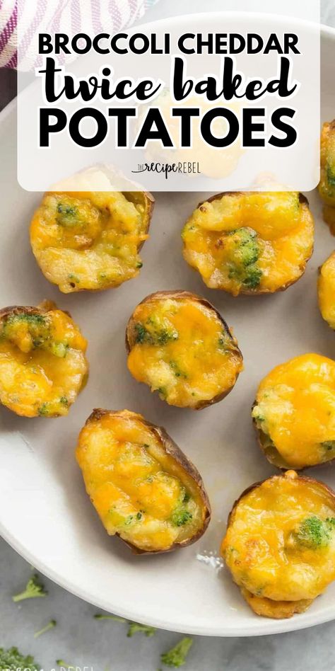 Both kids and adults will love these Broccoli Cheddar Twice Baked Potatoes! Healthy and delicious, they're a perfect Christmas party food. They're an easy New Year appetizer, too! Pin this for later! Potato Side Dish Recipes, Potatoes Healthy, Soup Potato, Salad Potato, New Years Appetizers, New Year's Eve Appetizers, Potato Side Dish, Easy Broccoli, Holiday Appetizers Easy