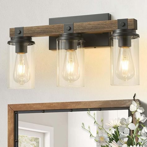 Farmhouse Bathroom Light Fixture Wood Black Vanity Lighting 2-Light Wooden Wall Sconce Industrial Rustic Wall Light Fixtures Over Mirror with Clear Glass Shade for Bathroom Hallway Kitchen Bedroom - Amazon.com Farmhouse Bathroom Lights, Rustic Bathroom Light Fixtures, Farmhouse Bathroom Light Fixtures, Farmhouse Bathroom Light, Bathroom Vanity Light Fixtures, Bathroom Lights Over Mirror, Bathroom Wall Light Fixtures, Rustic Bathroom Lighting, Farmhouse Vanity Lights