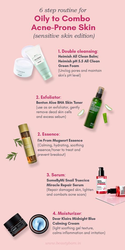 6 most important steps to taking care of acne prone skin for oily to combination skin types. #BeautyBarnIndia #Skincare #KoreanSkincare #skincareroutine #acne #acnetretment #India #KoreanSkincare #IndianSkincare #OilySkin Beauty Skin Care Routine For Combination Skin, Glass Skin For Acne Prone Skin, Korean Skincare Routine For Combination Acne Prone Skin, Korean Skincare For Acne Prone Skin, Combination Skin Routine Products, Combination Skin Routine, Pm Routine, Skincare Aesthetics, Skincare Solutions