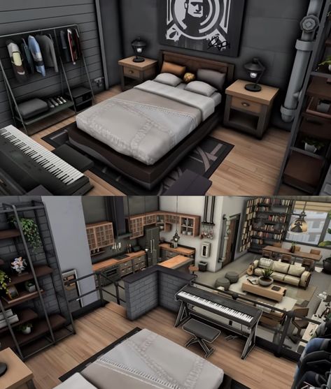 Sims 4 Industrial Bedroom, Sims 4 Male House, Sims 4 Cc Male Room Decor, Sims 4 Mafia House, Sims 4 Male Apartment, Sims 4 Bachelor Pad, Sims 4 Industrial House, Sims 4 Basement Ideas, Modern Bedroom Men