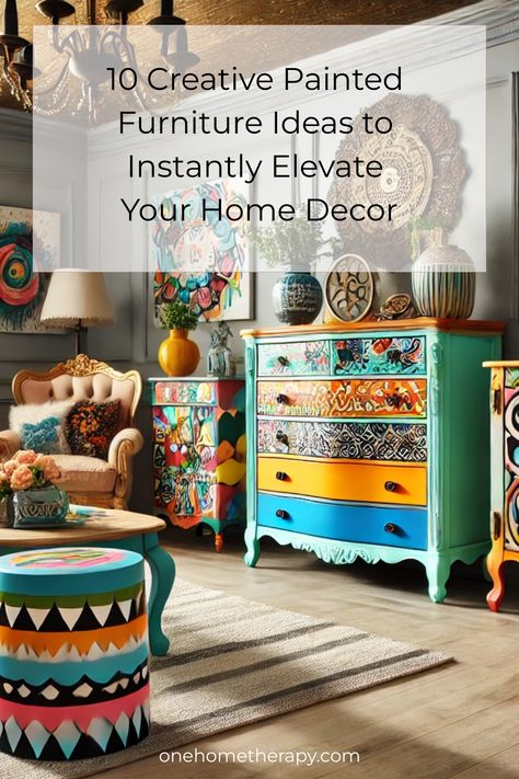 Transform your home with a splash of color! 🎨 Discover "10 Creative Painted Furniture Ideas to Instantly Elevate Your Home Decor." From vintage chic to modern elegance, find inspiration that suits your style. Click to learn more and give your furniture a stunning makeover today! #DIY #HomeDecor #CreativeFurniture #PaintIdeas ✨  Ready to get started? Read the full post now and bring new life to your space! 🏡 Creative Painted Furniture, Bright Sofa, Styles Of Furniture, Painted Furniture Ideas, Expensive Decor, Patterned Furniture, Chic Coffee Table, Entryway Inspiration, Bold Decor