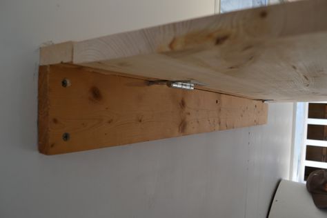 Here's the important stuff: a) the horizontal brace is the one drilled into the wall. The lip is the board sitting on top of it. The top is the big piece hinged to the lip. Got it? Wall Table Diy, Hinged Table, Wall Mounted Folding Table, Fold Out Table, Fold Down Desk, Folding Workbench, Fold Down Table, Wooden Folding Chairs, Wall Mounted Table