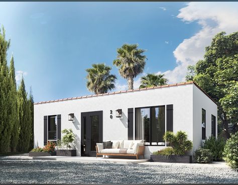 Prefab Adu California, Adu Ideas Modern, Adu Home Ideas, Spanish Bungalow Exterior, Casita Exterior, Spanish Style Bungalow, California Spanish Bungalow, Small Spanish House, Adu Ideas