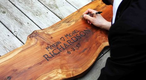 Unique Wedding Guestbook Alternatives | Wood Slab Plus Size Wedding Guest Dresses, Wood Guest Book, Wedding Guest Books, Unconventional Wedding, Rustic Wooden Sign, Personalized Wedding Sign, June Wedding, Wedding Guest Book Alternatives, Guest Books