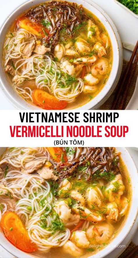 a bowl of Vietnamese shrimp noodle soup (Bún Tôm) Shrimp Vermicelli Bowl, Vietnamese Noodle Bowl, Shrimp Vermicelli, Shrimp Noodle Soup, Easy Asian Noodle Recipes, Vietnamese Shrimp, Easy Asian Noodles, Vermicelli Recipes, Asian Noodle Dishes