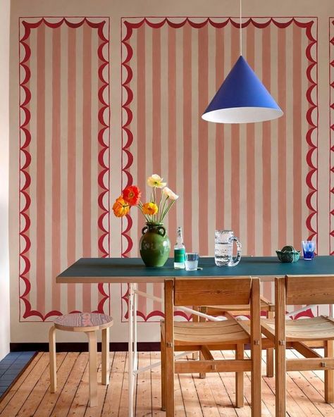 At KED, we're serious about stripe. Ranging from classic to contemporary, this simple pattern adds layers of visual interest to any space with versatility and grace. Swipe to see a few striped moments we're loving. Which one are you obsessing over? Share in the comments below! 👇️

1. Scallops 🤝 Stripes. A match made in heaven with this striking wallpaper from @belartestudio that adds faux panels to any statement wall. 

2. Adding a striped fab... Blue Striped Walls, Maximalism Interior, Maximalist Wallpaper, Panel Wallpaper, Stripe Wall, Kids Rooms Inspo, Decorative Frames, Striped Room, If Walls Could Talk