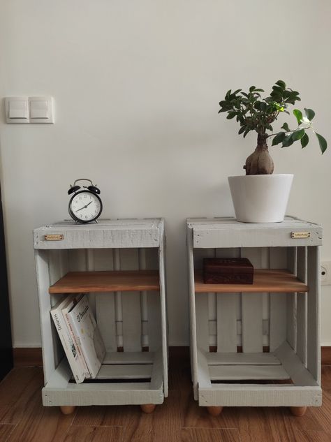 Wood Nightstand Diy, Creative Nightstand Ideas, Wooden Nightstands, Grey Wood Furniture, Grey Side Table, Handmade Poster, Diy Nightstand, Light Gray Color, Wooden Nightstand