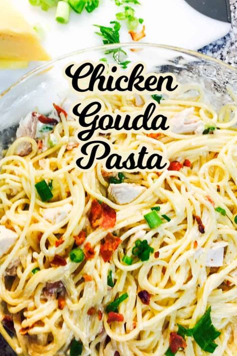 Chicken Bacon Gouda Pasta - a delicious medley of flavors made awesome with gouda and bacon. One of our favorites!  #pasta #gouda #pastarecipe #organizedisland #dinneridea Gouda Pasta, Gouda Chicken, Gouda Cheese Recipes, Gouda Recipe, Pasta Bake Easy, Chicken Tortellini, Gouda Cheese, Easy Italian, Chicken Pasta Recipes