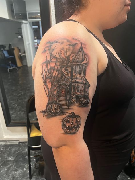 Tat Sleeve, Haunted House Tattoo, Neat Tattoos, Nature Tattoo Ideas, Snow Tattoo, Halloween Tattoos Sleeve, Friendship Tattoo, House Tattoo, Lantern Tattoo