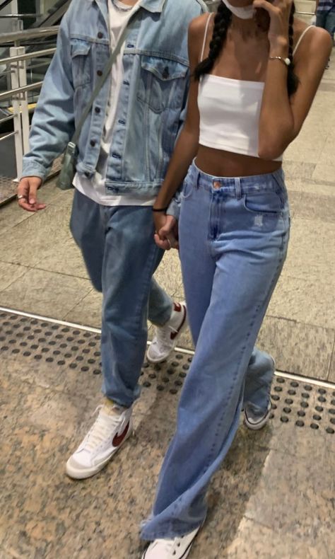 Blue Jeans And White Shirt, Jeans And White Shirt, Blue Jeans White Shirt, White Shirt And Blue Jeans, Couples Outfit, Cute Couple Outfits, Jeans White, Couple Outfits, Grey Pants