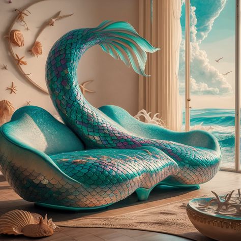 An intricately designed sofa that resembles a mermaid's tail, curling gracefully and ending in a scalloped fin. The sofa is adorned with hues of turquoise, teal, and purple, giving it a shimmering, fish-like appearance. The room has a coastal theme, evident from the seashells and starfish decorations on the wall. The floor is wooden, and there's a decorative bowl with a unique design placed near the sofa. Room Couch Ideas, Living Room Couch Ideas, Starfish Decorations, L Sofa, L Sofas, Couch Ideas, Starfish Decor, Coastal Theme, Sofa Ideas