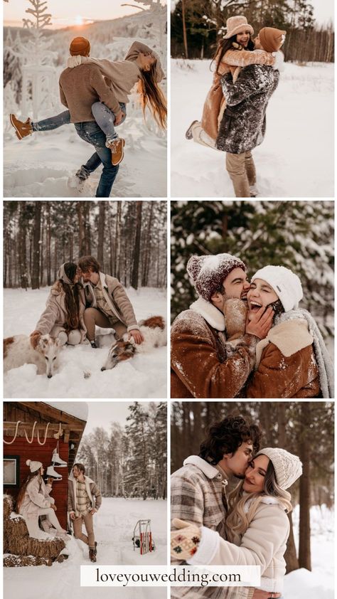 Cute Winter Engagement Outfits, Engagement Photo Snow, Snow Engagement Photoshoot, Winter Prenup Photoshoot, Winter Prewedding Photoshoot, December Engagement Pictures Outfits, Engagement Photos In Snow, Snowy Couples Photoshoot, Winter Engagement Photos Outfits What To Wear