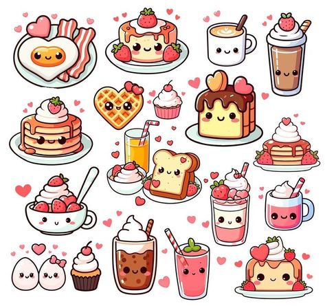 Kawaii Art Inspirations, Cute Print Out Stickers, Kawaii Birthday Drawing, Kawaii Food Art Drawing, Cute Food To Draw, Cute Drawings Food, Cute Food Drawings Kawaii, Kawaii Christmas Drawings, Sticker Ideas Cute